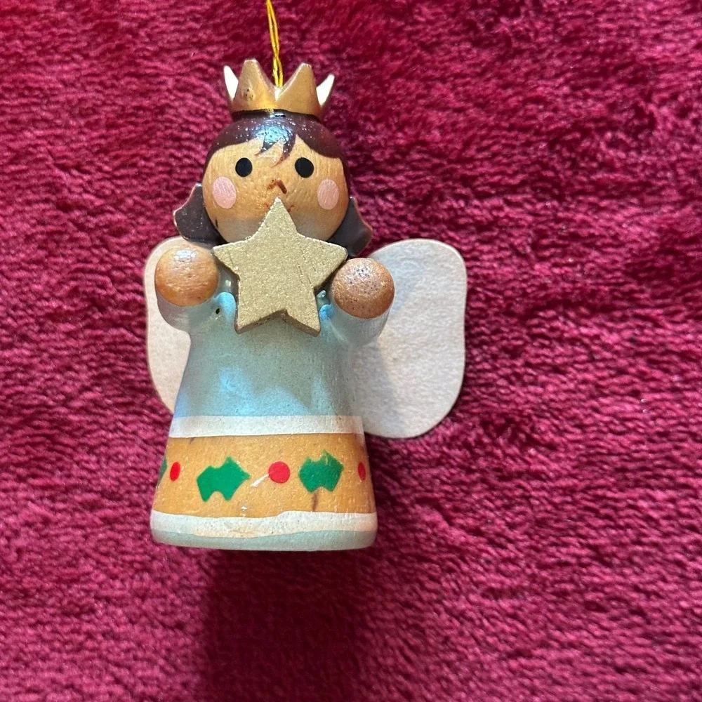 Vintage Wooden Angel Christmas Ornament Blue‎ Gold Star Crown Painted Folk Art